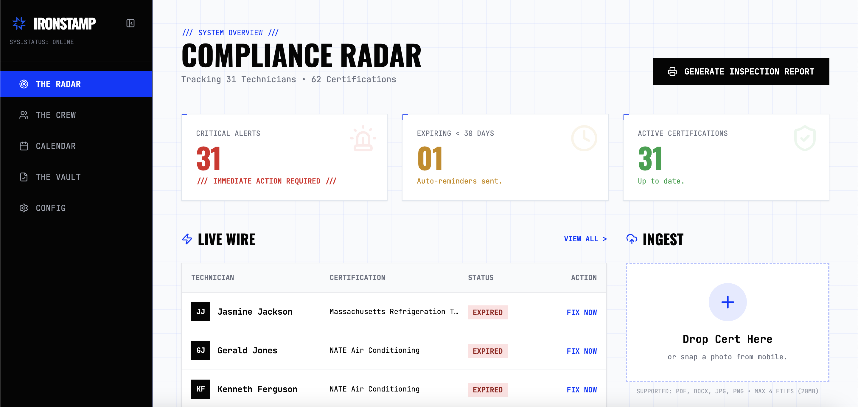 IronStamp Dashboard - Compliance Management Interface